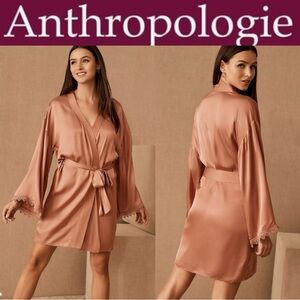 BHLDN ANTHROPOLOGIE MATINE BLUSH ROSE SILKY LONG SLEEVE LACE TRIMMED ROBE